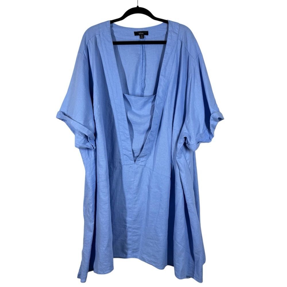 Ellos Linen Blend Shirt Top Lagenlook Blouse Blue Asymmetrical Hem Plus Size 6X